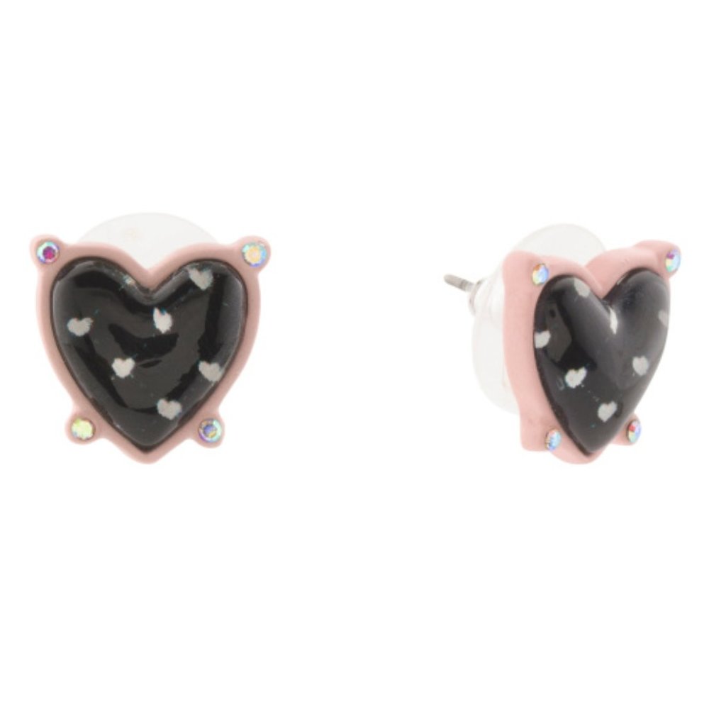 BETSEY JOHNSON Heart Stud Earrings Black Pink Rhinestones